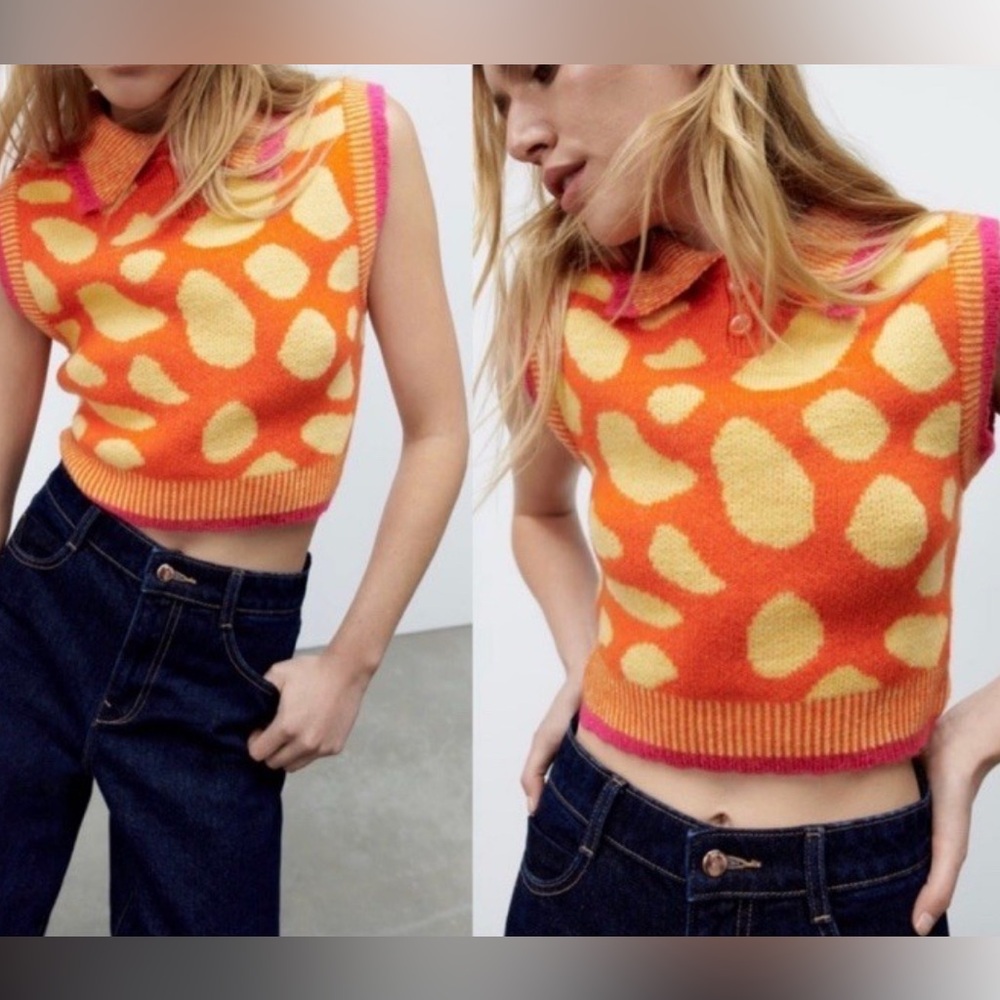 Zara Orange & Yellow Patterned Sleeveless Crewneck Sweater Vest with Pink Trim